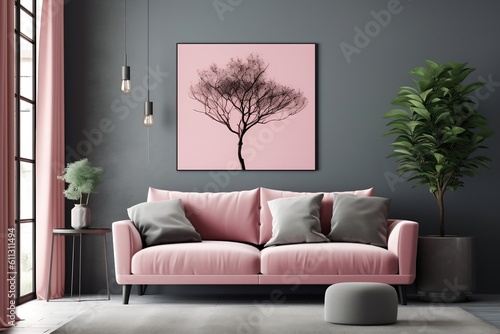 Poster Grey Wall in Living Room with Pink. Generative AI