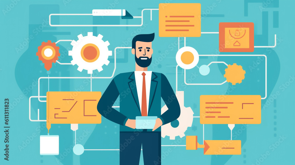 Business process and workflow automation with flowchart, businessman in background, Generative AI Business process and workflow automation with flowchart, businessman in background, Generative AI