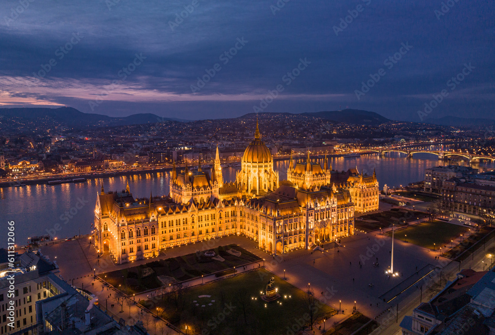 Budapest Night Skyline Revealed Hungarian Parliament Building and Danube River from a Drone Point of View