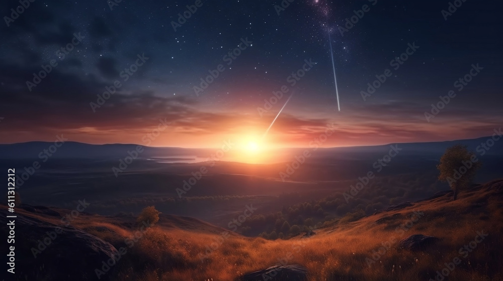 Beautiful celestial sky in dreamy fantasy with bright star in the sky over nature landscape. Generative ai.
