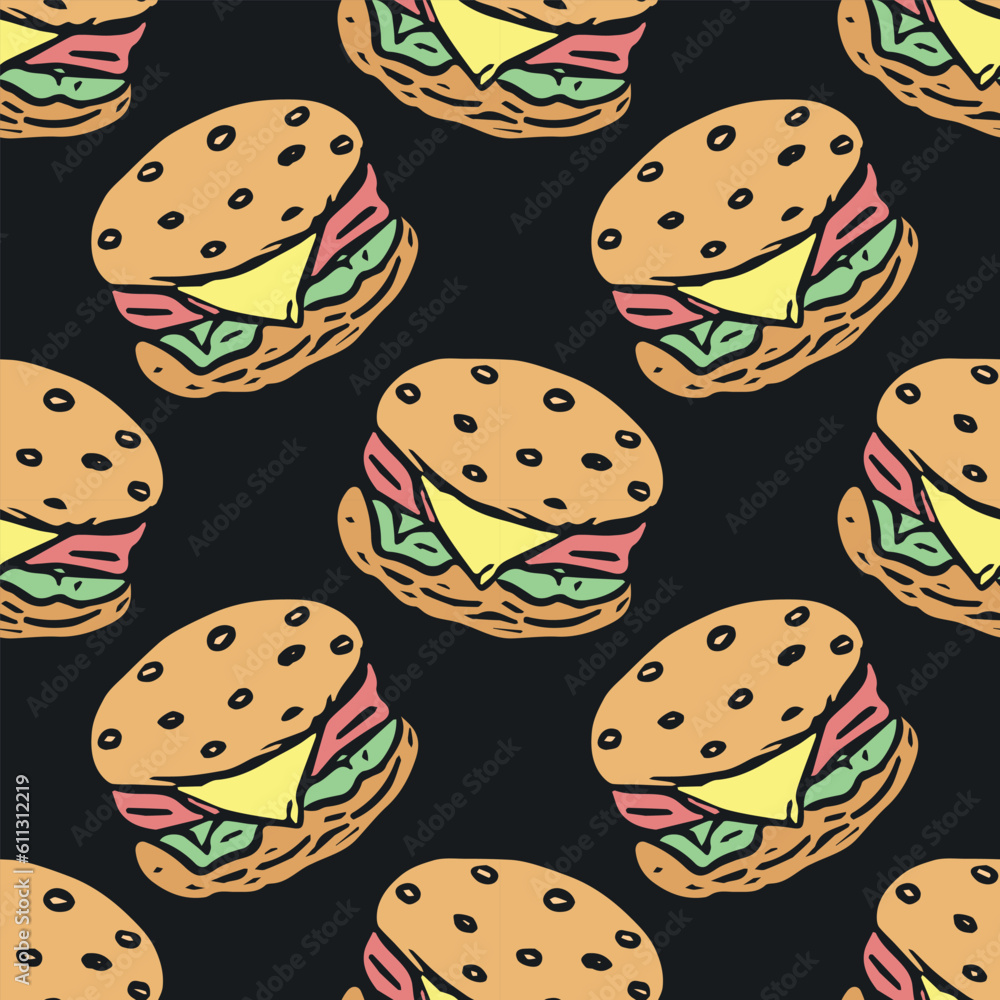 Seamless burger pattern. Drawn hamburger background. Doodle vector hamburger illustration