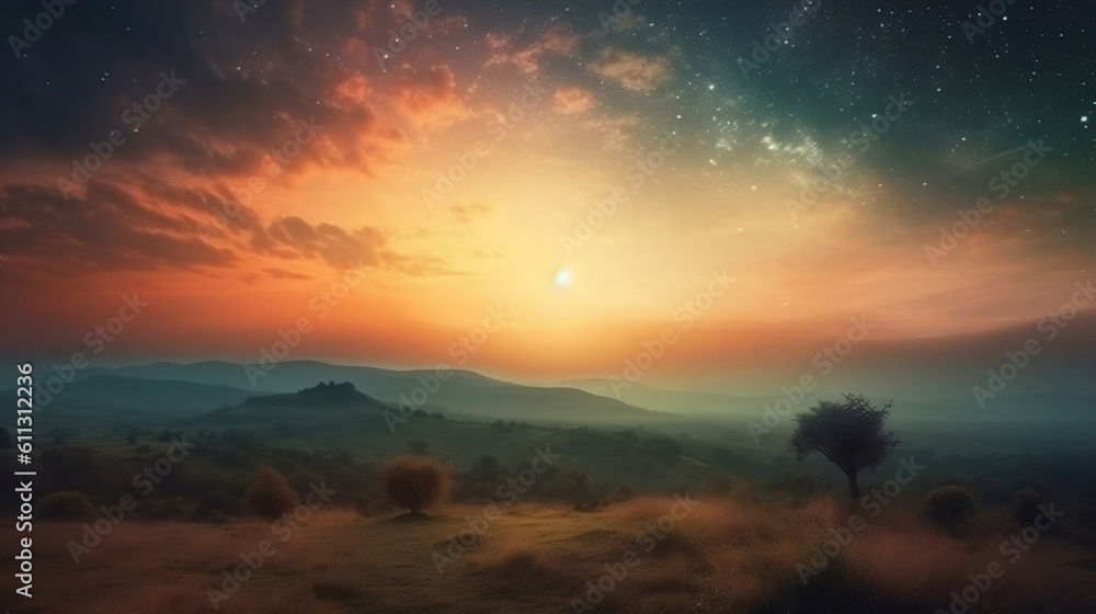Beautiful celestial sky in dreamy fantasy with bright star in the sky over nature landscape. Generative ai. Beautiful celestial sky in dreamy fantasy with bright star in the sky over nature landscape. Generative ai.