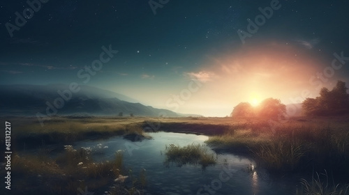Beautiful celestial sky in dreamy fantasy with bright star in the sky over nature landscape. Generative ai.