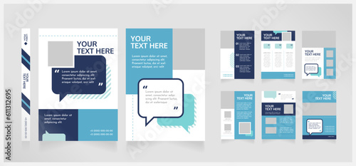 Communication in team guide blank brochure design. Template set with copy space for text. Premade corporate reports collection. Editable 8 paper pages. Josefin Sans Thin, Oxygen Bold fonts used
