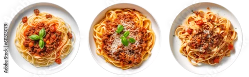 Obraz  z motywem Pasta spaghetti bolognese on white bowl, top view with transparent background, Generative AI Technology