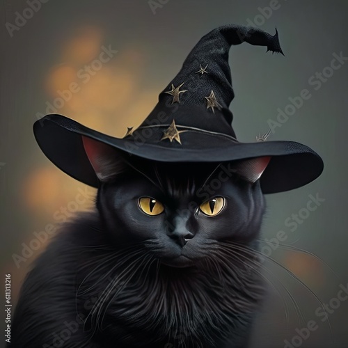 Black cat wearing witch hat. Hallowen. Generative AI