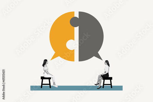 Creative retro collage image of serious ladies having phycology session isolated beige color background