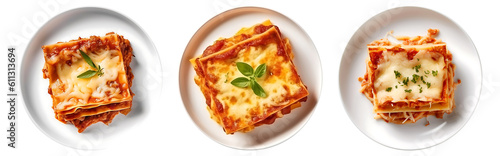 Obraz na płótnie Tasty hot Lasagna served with a basil leaf on white bowl, top view with transpar