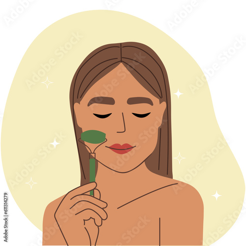 Facial massage. Woman do cosmetic spa procedures for face with jade nephrite roller. Morning routine. Skin care concept. Organic products. Vector illustration in flat cartoon style.