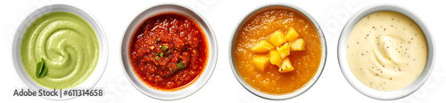 Wasabi, Spicy Sambal, pineapple,  Cheese sauce on white bowl, top view with transparent background, Generative AI Technology