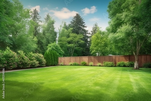Green large fenced backyard with trees Fototapet