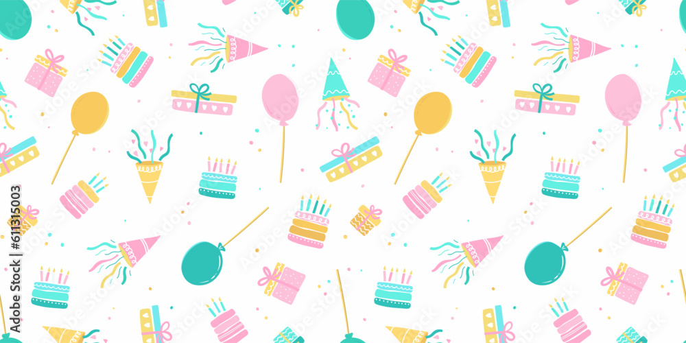 Fun hand drawn party seamless background with cakes, gift boxes, balloons and party decoration. Great for birthday parties, textiles, banners, wallpapers, wrapping - vector design Fun hand drawn party seamless background with cakes, gift boxes, balloons and party decoration. Great for birthday parties, textiles, banners, wallpapers, wrapping - vector design