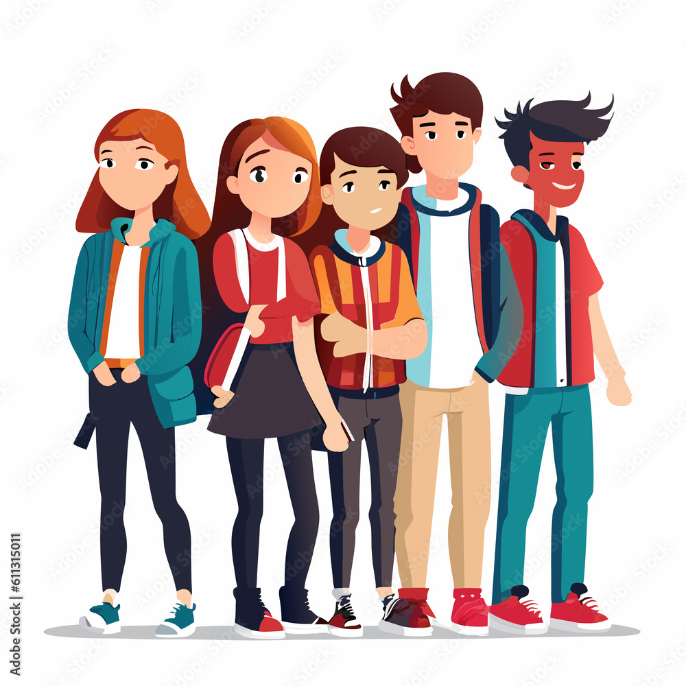 Fototapeta premium Group of teenagers standing together. Vector illustration in flat cartoon style.