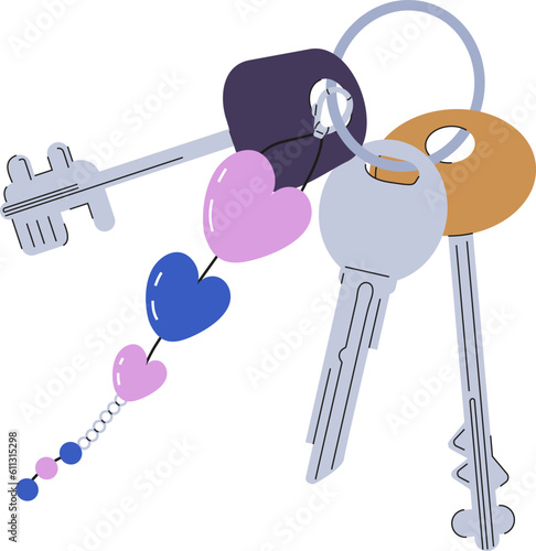 Keychains vector. Pendants in shape of bow, cat, hearts, chain. Trinkets, keyholders and keyrings