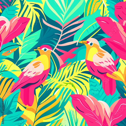 Seamless pattern with tropical birds and palm leaves. Vector illustration