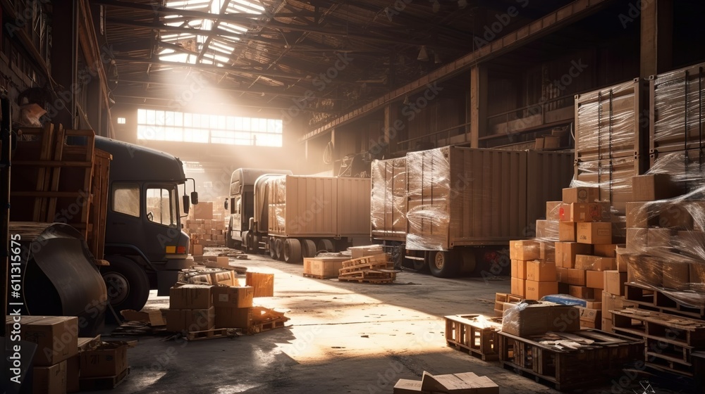 A large, messy warehouse with a truck filled with numerous boxes and items, dedicated to logistics and e-commerce, bathed in the warm afternoon light. Ai generative