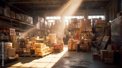 A large, messy warehouse with a truck filled with numerous boxes and items, dedicated to logistics and e-commerce, bathed in the warm afternoon light. Ai generative