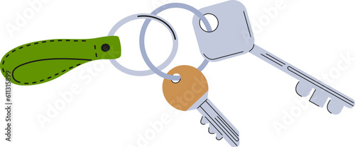 Keychains vector. Pendants in shape of bow, cat, hearts, chain. Trinkets, keyholders and keyrings
