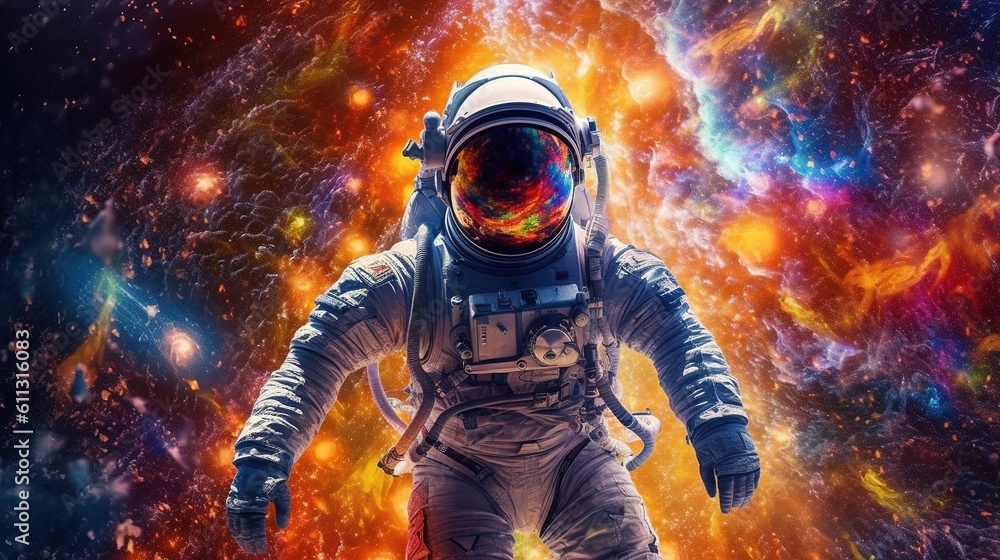 Obraz premium artistic astronaut surrounded by stars and planets. Generative ai.