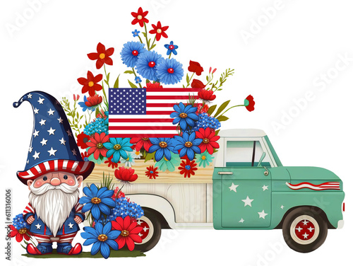 Old Truck with USA flag and gnome photo