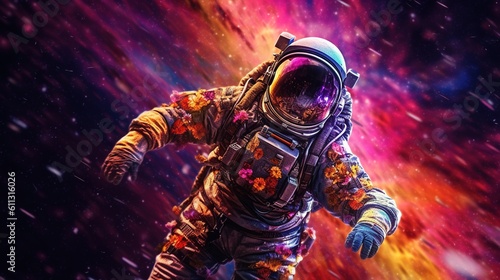 artistic astronaut surrounded by stars and planets. Generative ai.