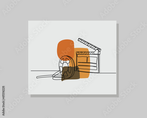 Continuous single one line art drawing of vintage retro old film roll strip record and clapperboard for director movie in boho bohemian style design vector illustration