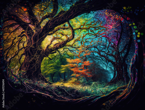 Multicolored Fantasy forest landscape created with Generative AI technology
