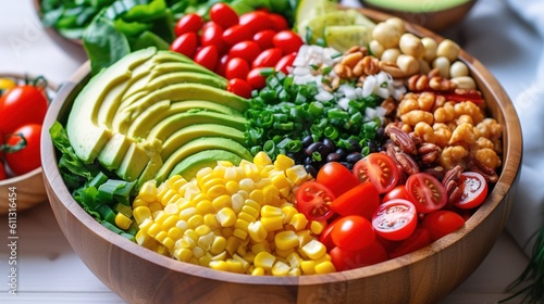 Healthy salad bowl with quinoa, tomatoes, chicken, avocado, lime and mixed greens lettuce, parsley on wooden background top view. Food and health. Generative ai.