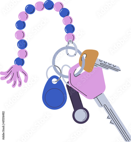 Keychains vector. Pendants in shape of bow, cat, hearts, chain. Trinkets, keyholders and keyrings
