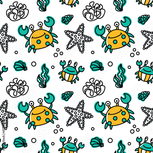 Funny crab and sea life. Seamless pattern. Kid print. Vector. photo