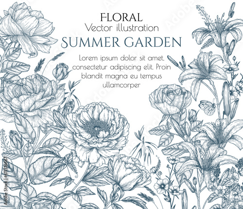 Foto Vector illustration of a summer garden in engraving style