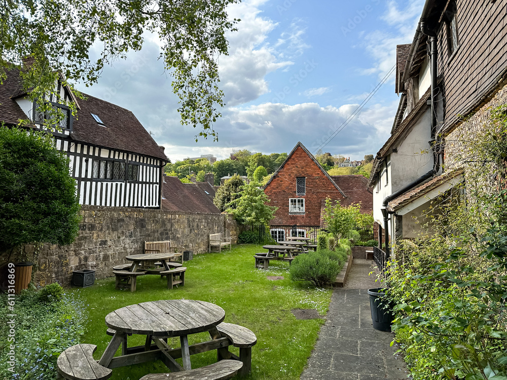 Lewes, UK 16.05.2023. Charming small courtyard between Potter's lane and Anne's of Cleves