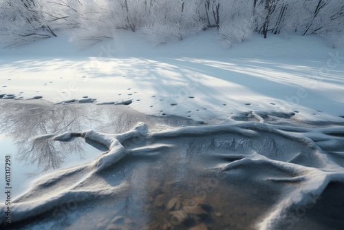 A close-up of a natural surface, such as a snow-covered tree or frozen lake, with unique texture and color, Generative AI