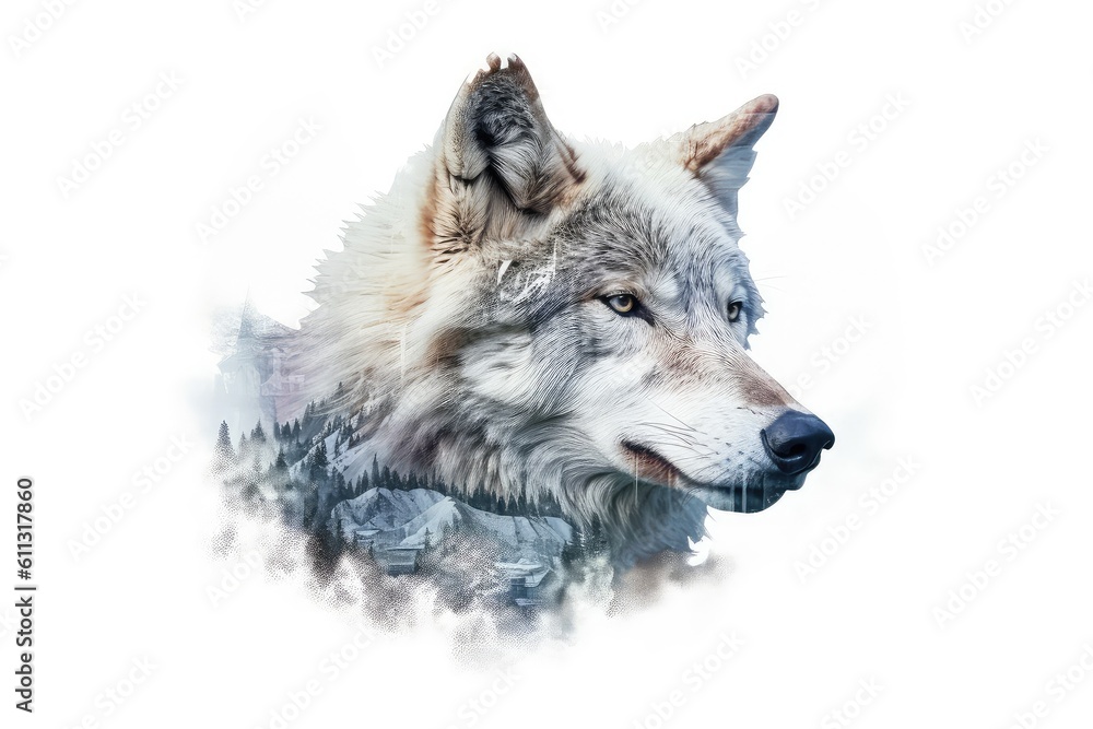 Obraz premium Wolf and winter landscape double exposure illustration - Generative AI.