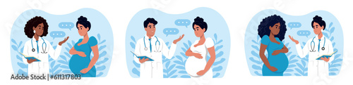 Healthy pregnancy banner. Male and female doctors talking to pregnant women. Gynecologist and obstetrician consultation.Doctors and pregnant women of different races and ages.