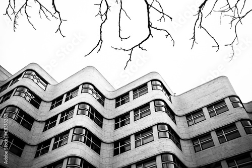Contrast between modern architecture and nature - BW