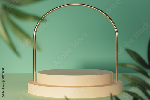 Product placement. Beige cylinder podium with arc, product display stand on pastel green background. 3d illustration