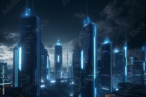A futuristic cityscape with advanced security and surveillance technology, Generative AI