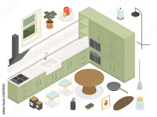 Kitchen - modern vector colorful isometric illustrations set