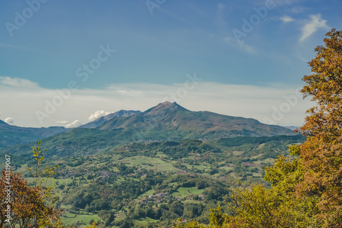 Mount Ventasso seen from Pietra di Bismantova in the typical landscape of the Parmigiano-Reggiano (parmesan) cheese production areas. Reggio Emilia province, Emilia Romagna, Italy