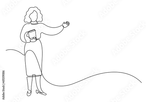 Teacher with book in formal wear pointing with an open hand. Continuous line drawing. School, university, collage. education, or business presentation illustration.