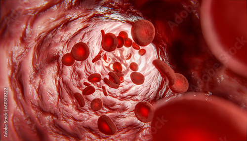 Red blood cells in vein or artery, flow inside inside a living organism. view from endoscope or microscope, prevention and treatment of veins and diseases of circulatory system. 3d rendering photo