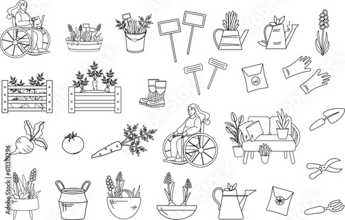 Cute gardening equipment - shovel, pitchfork, garden shears, plants, watering cans, grass, gardening gloves, rattan sofa, vegetables and seeds. A woman in a wheelchair is gardening. Outline.