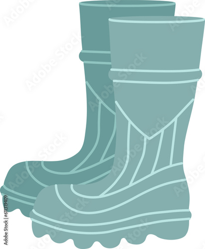 Pair of rubber boot in turquoise color - waterproof autumn footwear for seasonal design in flat style. Isolated vector illustration of gumboots for protection against water.