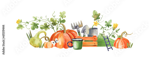 Fotografie Pumpkin and zucchini beds, garden, vegetable garden watercolor illustration isolated on white background