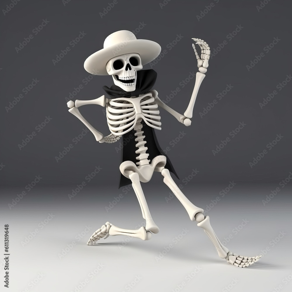 Cute dancing white skeleton in a black cloak and hat on a gray background Generative AI Cute dancing white skeleton in a black cloak and hat on a gray background Generative AI