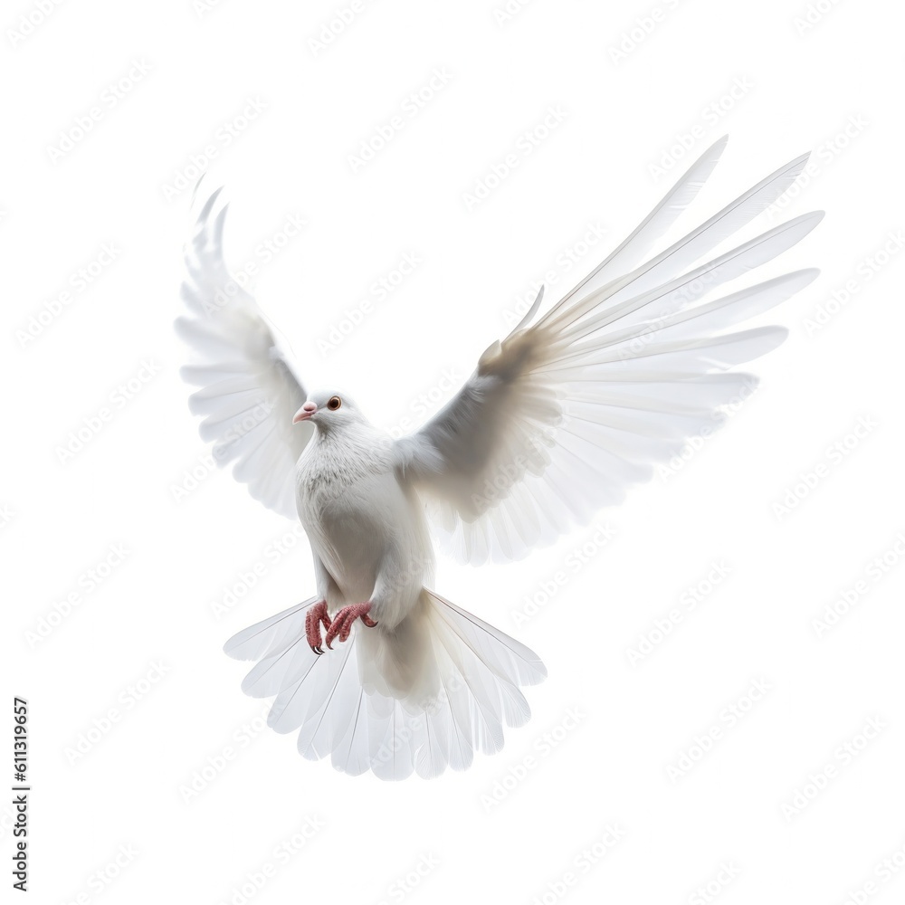 White pigeon flying isolated. Illustration AI Generative. White pigeon flying isolated. Illustration AI Generative.