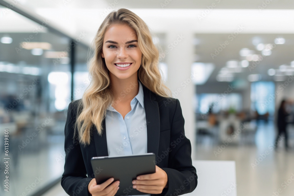 A professional woman stands in a stylish office holindg. Image ai generate. Generative AI A professional woman stands in a stylish office holindg. Image ai generate. Generative AI