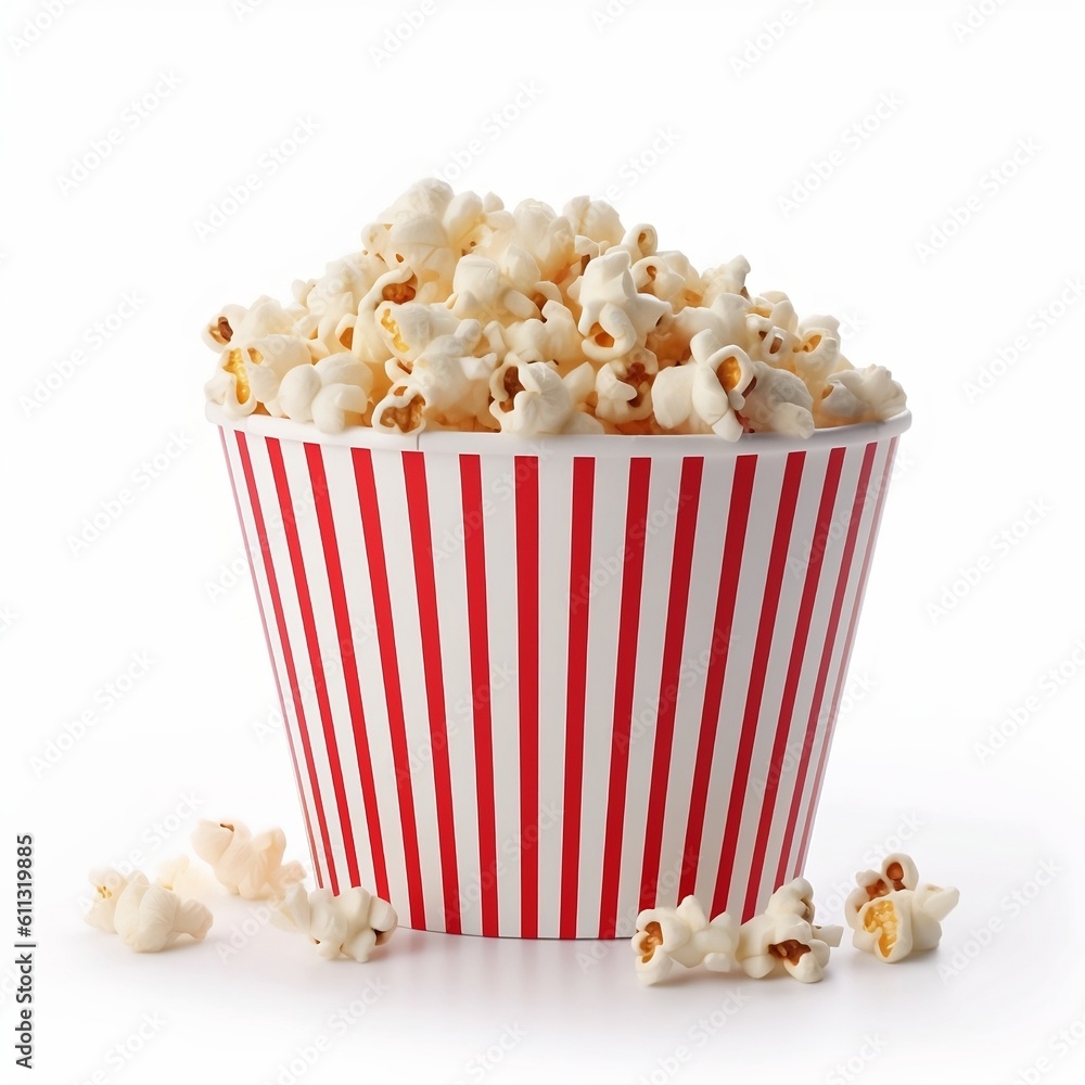 Popcorn bucket with red stripes isolated on white background, Generative AI Popcorn bucket with red stripes isolated on white background, Generative AI