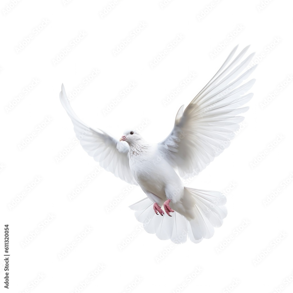 White pigeon flying isolated. Illustration AI Generative. White pigeon flying isolated. Illustration AI Generative.